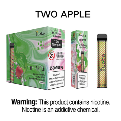 يوتو عصير E Cig طويل الأمد يمكن التخلص منه بحجم XXL 2500 نفخة مزدوجة التفاح 50 مجم 7 مل