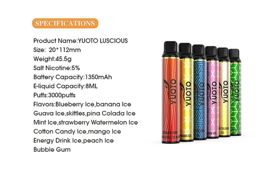 أداة توزيع النيكوتين Yuoto Luscious 3000 Puff ، 8.0 مل قلم VAP للاستعمال مرة واحدة للعصير E