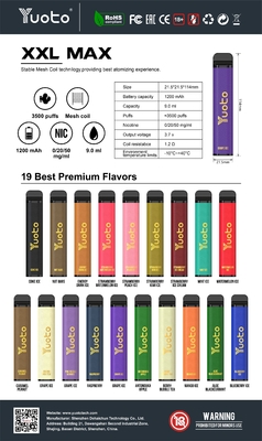 ODM Yuoto 3500 Puffs Vape Bar 16 نكهة مختلطة ROHS 1200mAh بطارية 9 مل عصير E