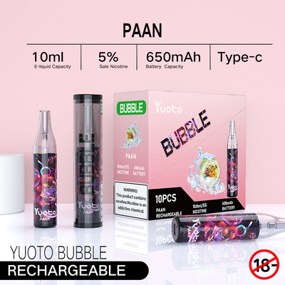 Yuoto Bubble 4000puffs 650 مللي أمبير في الساعة 10 مللي شبكة لفائف قابلة لإعادة الشحن VAPE غير قابلة للانفصال بينا كولادا Ecig Vapor