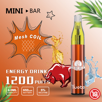 يوتو ميني بار 1200 نفخة للاستعمال مرة واحدة 15 نكهة E-Juice 4.0 مل بطارية 650 مللي أمبير